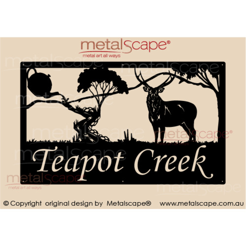 Metalscape - Farm Property Signs-Large Property Sign - Sambar Deer, Teapot, Mountain & Creek