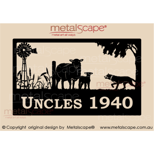 Metalscape - Farm Property Signs-Large Property Sign - Cross Breed Ewe & Lamb, Stalking Kelpie, Windmill & Wheat