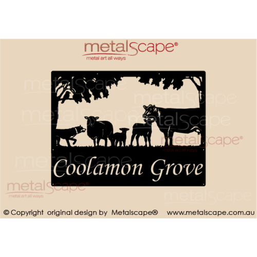 Metalscape - Farm Property Signs-Medium Property Sign - Angus Cow & Calf, X Breed Sheep, Stalking Kelpie
