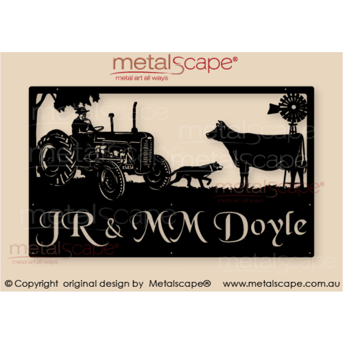 Metalscape - Farm Property Signs-Large Property Sign - Ferguson Tractor, Jersey Cow and Stalking Kelpie