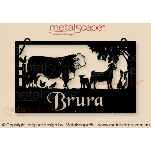 Metalscape - Farm Property Signs-Large Property Sign - Hereford Bull, Boer Goat, Collie, Chickens and Lamb