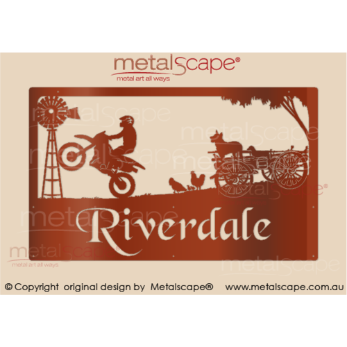 Metalscape - Farm Property Signs-Large Property Sign - Motorbike Wheelie with Chickens, Dachshund & Cattle Dogs on Wagon