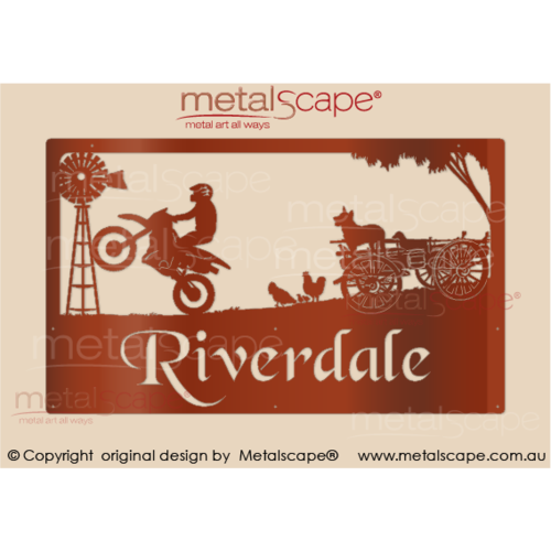 Large Property Sign - Motorbike Wheelie with Chickens, Dachshund & Cattle Dogs on Wagon