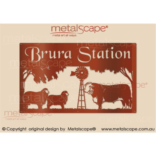 Metalscape - Farm Property Signs-Large Property Sign - Poll Merino Ram and Ewe, Windmill and Hereford Bull
