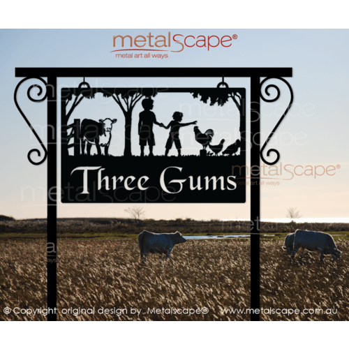 Metalscape - Farm Property Signs-Medium Property Sign - Children, Hereford Calf & Chicken