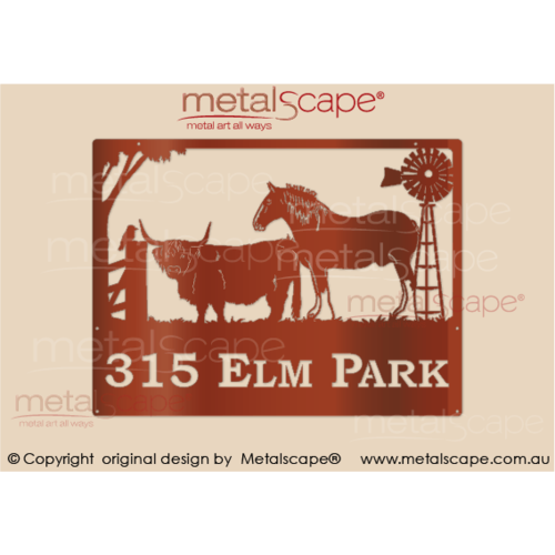 Metalscape - Farm Property Signs-Medium Property Sign - Highland Cow, Clydesdale Horse, Windmill, Kookaburra on fence