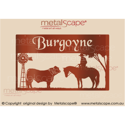 Metalscape - Farm Property Signs-Large Property Sign - Horse & Rider, Charbray Bull & Windmill