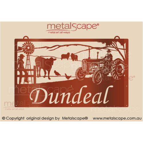 Metalscape - Farm Property Signs-Large Property Sign - Massey Ferguson, Merinos, Cow and Woman