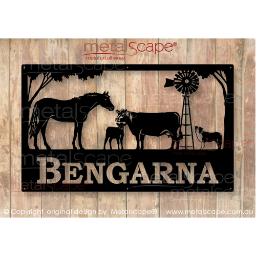 Metalscape - Farm Property Signs-Large Property Sign - Horse, Cow and Calf Windmill and Collie