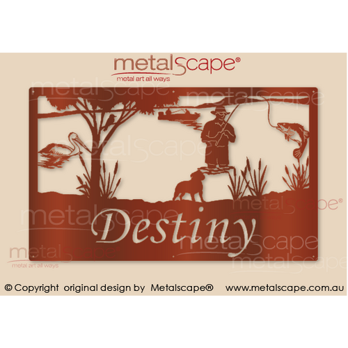 Metalscape - Farm Property Signs-Large Property Sign -  Fisherman, Barramundi, Pelican, Boat, and Staffy Dog