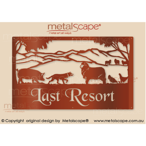 Metalscape - Farm Property Signs-Large Property Sign -  Pig, Kelpie Merinos, Chickens & Mountains