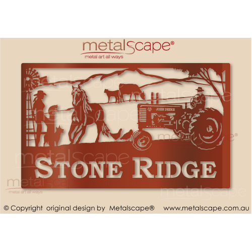 Metalscape - Farm Property Signs-Large Property Sign - John Deere Model A Tractor, Windmill, Woman, Horse, Cattle, Mountains and Chickens