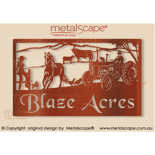 Metalscape - Farm Property Signs-Large Property Sign -  Woman on Fence, Cat, Horse Angus Bull Dorper Sheep, Ferguson Tractor