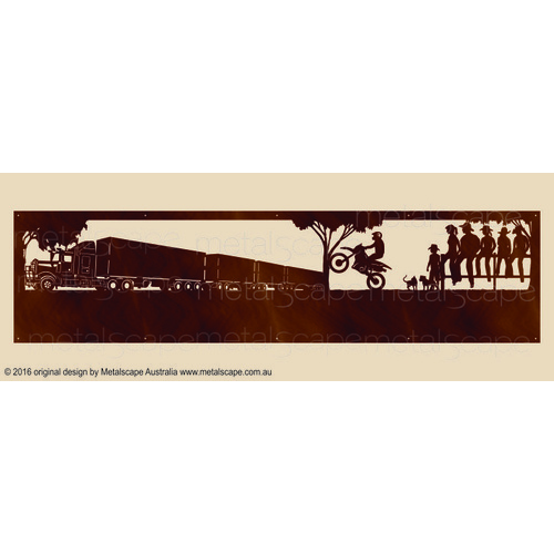 Metalscape - Farm Property Signs-Panoramic Property Sign -Kenworth Quad Road Train, Motor Bike Rider and Family