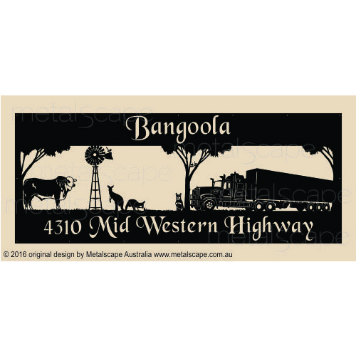 Metalscape - Farm Property Signs-Panoramic Property Sign -Braford Cow, Windmill, Kangaroos, Blue Healer and Kenworth Truck