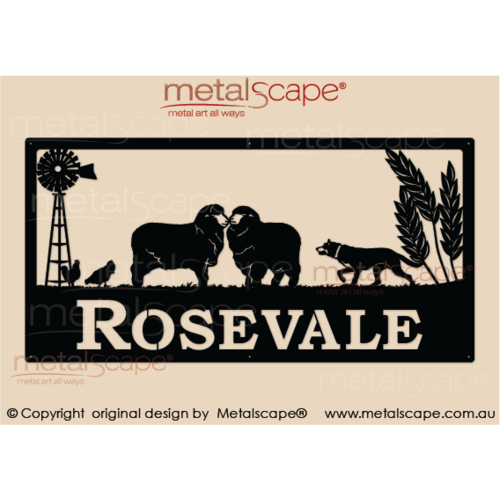 Metalscape - Farm Property Signs-XL Property Sign -  Windmill, 2x Merino Ewes, Stalking Kelpie & Wheat heads