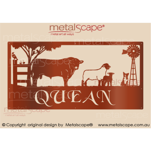 Metalscape - Farm Property Signs-XL Property Sign -  Angus Bull,Dorper ewe and lamb Collie dog windmill and birds