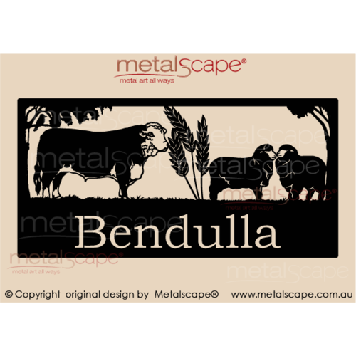 Metalscape - Farm Property Signs-XL Property Sign -  Poll Hereford Bull on LHS, large wheat image in middle, merino sheep