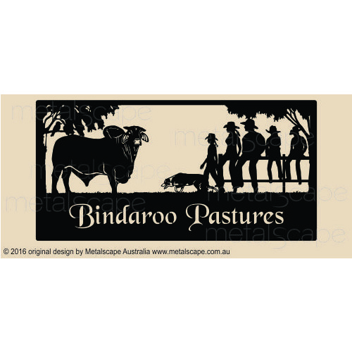 Metalscape - Farm Property Signs-XL Property Sign -  Brahman Bull, Collie & Family