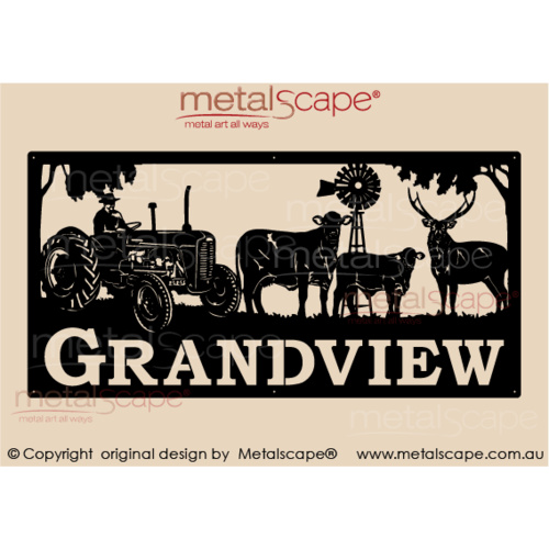 Metalscape - Farm Property Signs-XL Property Sign - Massey Ferguson tractor, santa gertrudis cow and calf, sambar deer