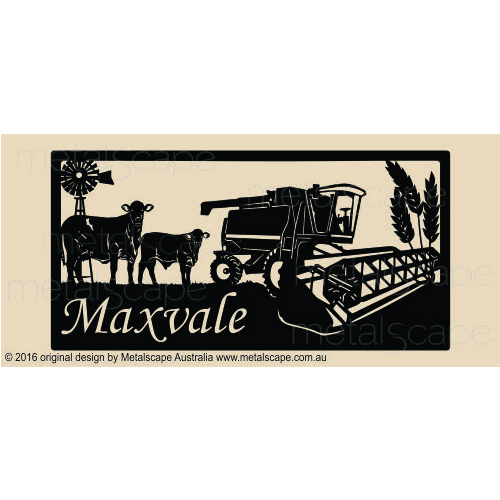 Metalscape - Farm Property Signs-XL Property Sign - Santa Gertrudis Cow & Calf, Header, Wheat and Windmill