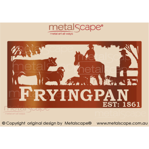 Metalscape - Farm Property Signs-XL Property Sign - Angus Cow, Merino Ewe, Collie, Kelpie, Horse Rider & Man on Fence