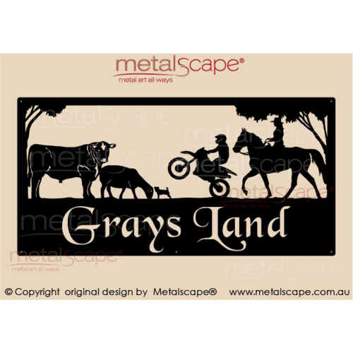 Metalscape - Farm Property Signs-XL Property Sign -Angus Bull, Dorper Sheep, Motor Bike Rider, Female Horse Rider