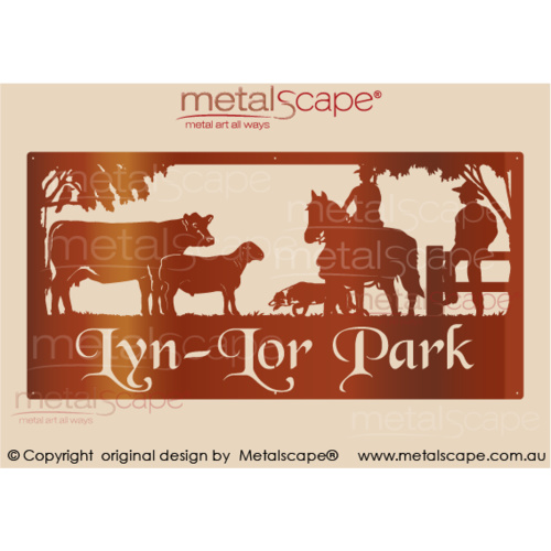 Metalscape - Farm Property Signs-XL Property Sign -Angus Cow, X Breed Sheep, Female Horse Rider, Stalking Collie, Man on Fence