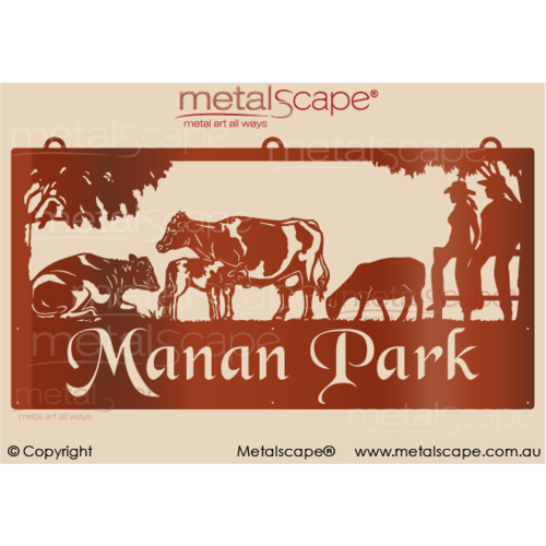 Metalscape - Farm Property Signs-XL Property Sign - Friesian Cattle, Dorper Sheep, Man & Woman on fence