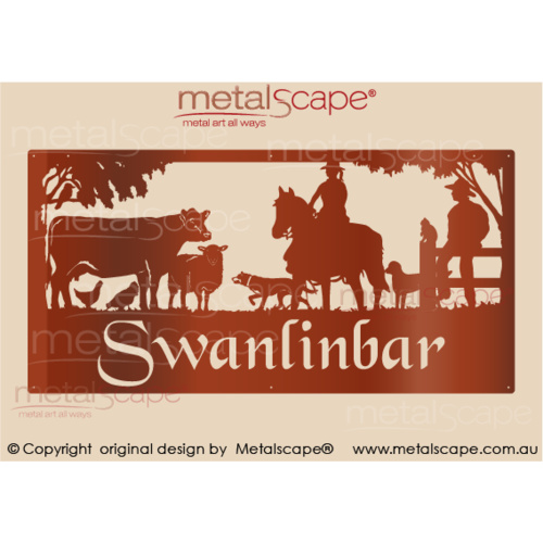 Metalscape - Farm Property Signs-XL Property Sign -Angus Cow, Sheep, Chickens, Female Horse Rider & Man on Fence