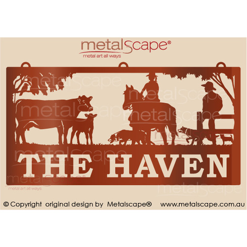 Metalscape - Farm Property Signs-XL Property Sign - Cow & Calf, Dogs, Horse Rider & Man on Fence