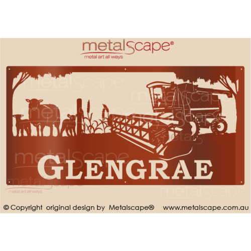 Metalscape - Farm Property Signs-XL Property Sign -  Cross breed Sheep Ewe and Lambs, Wheat and John Deere Header