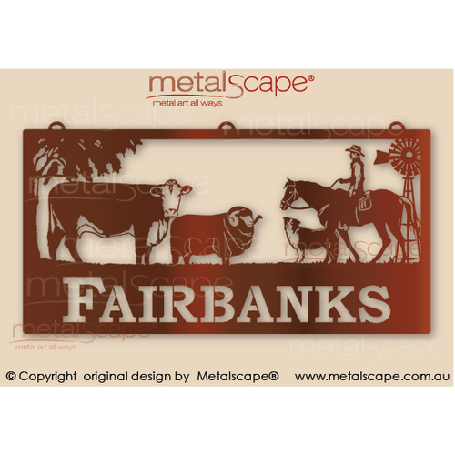 Metalscape - Farm Property Signs-Farm Property Sign -  Hereford Cow and Merino Ram with rider and Collie