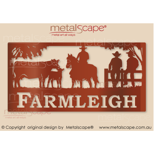 Metalscape - Farm Property Signs-Farm Property Sign -  Angus Cow and Calf,  Horse rider, 2 guys on fence