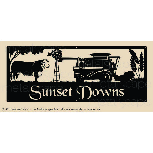 Metalscape - Farm Property Signs-XL Property Sign - Poll Hereford, Windmill, Case Header and Wheat
