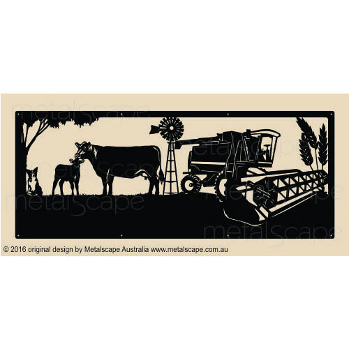 Metalscape - Farm Property Signs-XL Property Sign - Angus Cow & Calf, Collie, Windmill, Header and Wheat
