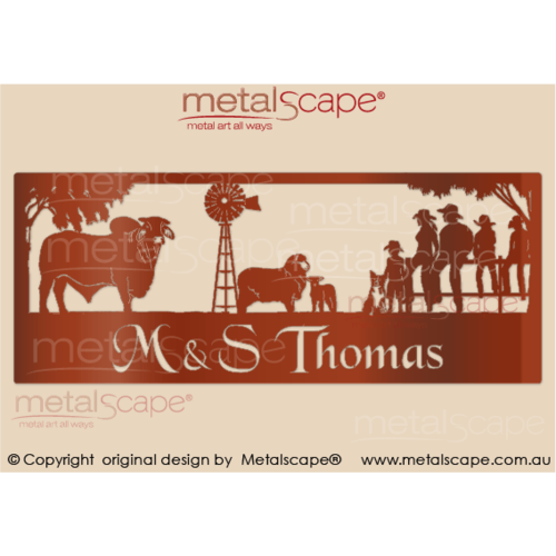 Metalscape - Farm Property Signs-XL Property Sign - Brahman Bull, Windmill, Merino Ewe and Lamb Family on Fence