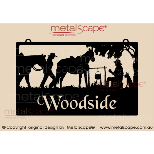 Metalscape - Farm Property Signs-Large Property Sign - Campfire Scene with female drover