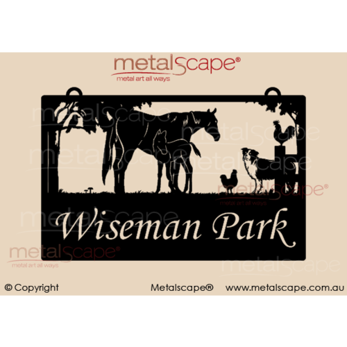Metalscape - Farm Property Signs-Medium Property Sign - Mare, Foal, Collie & Chickens