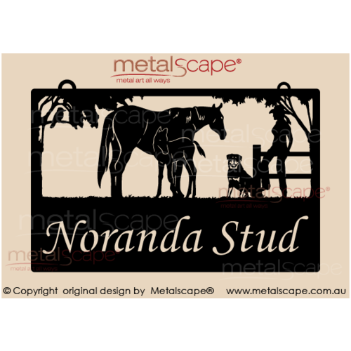 Metalscape - Farm Property Signs-Medium Property Sign - Mare Foal Rottweiller Woman on Fence
