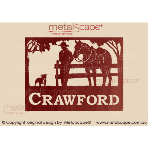 Metalscape - Farm Property Signs-Medium Property Sign - Man on fence, Horse and Staffordshire Bull Terrier Dog