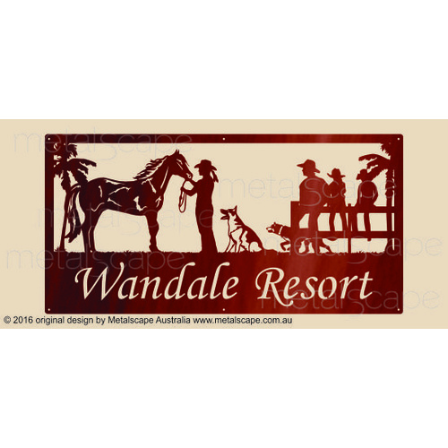 Metalscape - Farm Property Signs-XL Property Sign -Horse, Lady, Dogs, Family on Fence, Palm Trees