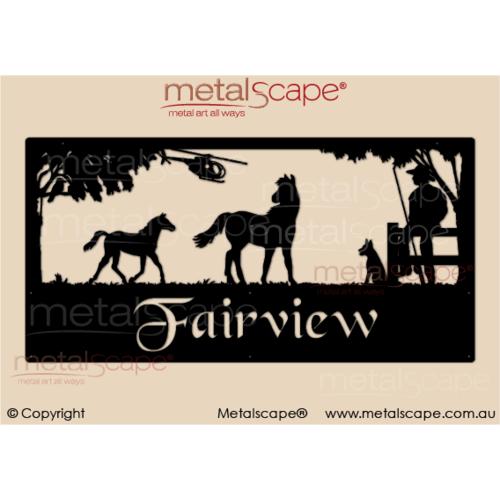 Metalscape - Farm Property Signs-XL Property Sign - Mare & Foal, Man & Dog, Helicopter