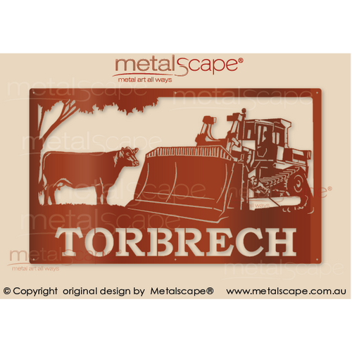 Metalscape - Farm Property Signs-Large Property Sign - Cat Dozer and Angus Cow