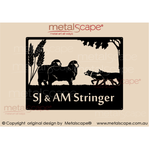 Metalscape - Farm Property Signs-Property sign - 2 Merinos, 2  Kelpie and Wheat