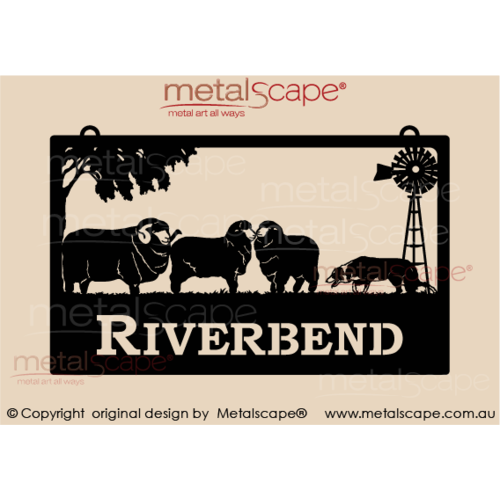 Metalscape - Farm Property Signs-Large Property Sign - Merino Sheep, Windmill and Stalking Collie
