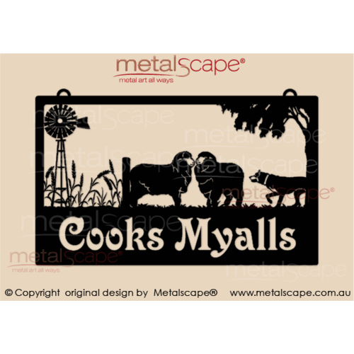 Metalscape - Farm Property Signs-Large Property Sign - Merino Ewes, Kelpie, Windmill & wheat