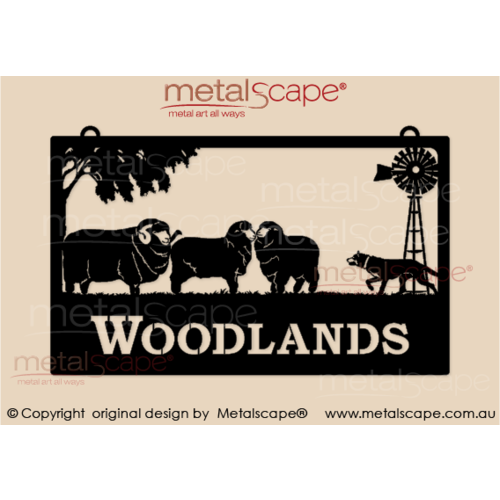 Metalscape - Farm Property Signs-Large Property Sign - Merino Sheep, Windmill and Stalking Kelpie