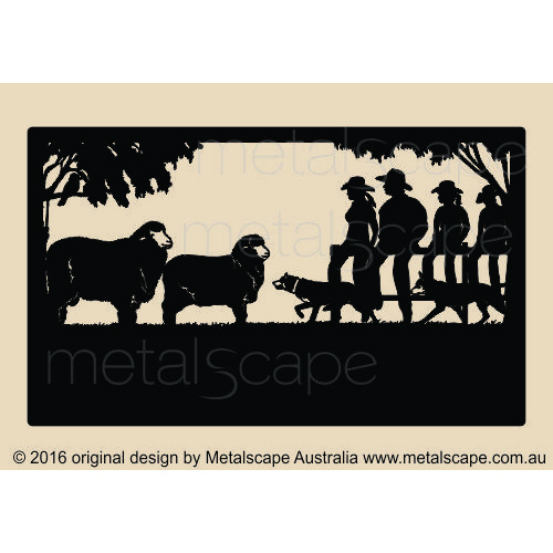 Metalscape - Farm Property Signs-Large Property Sign - Merino Poll Ram & Ewe, Kelpies, Family on Fence.