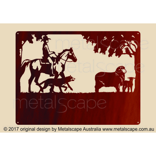 Metalscape - Farm Property Signs-Medium Property Sign - Merino Ewe & Lamb, Horse Rider & Kelpie